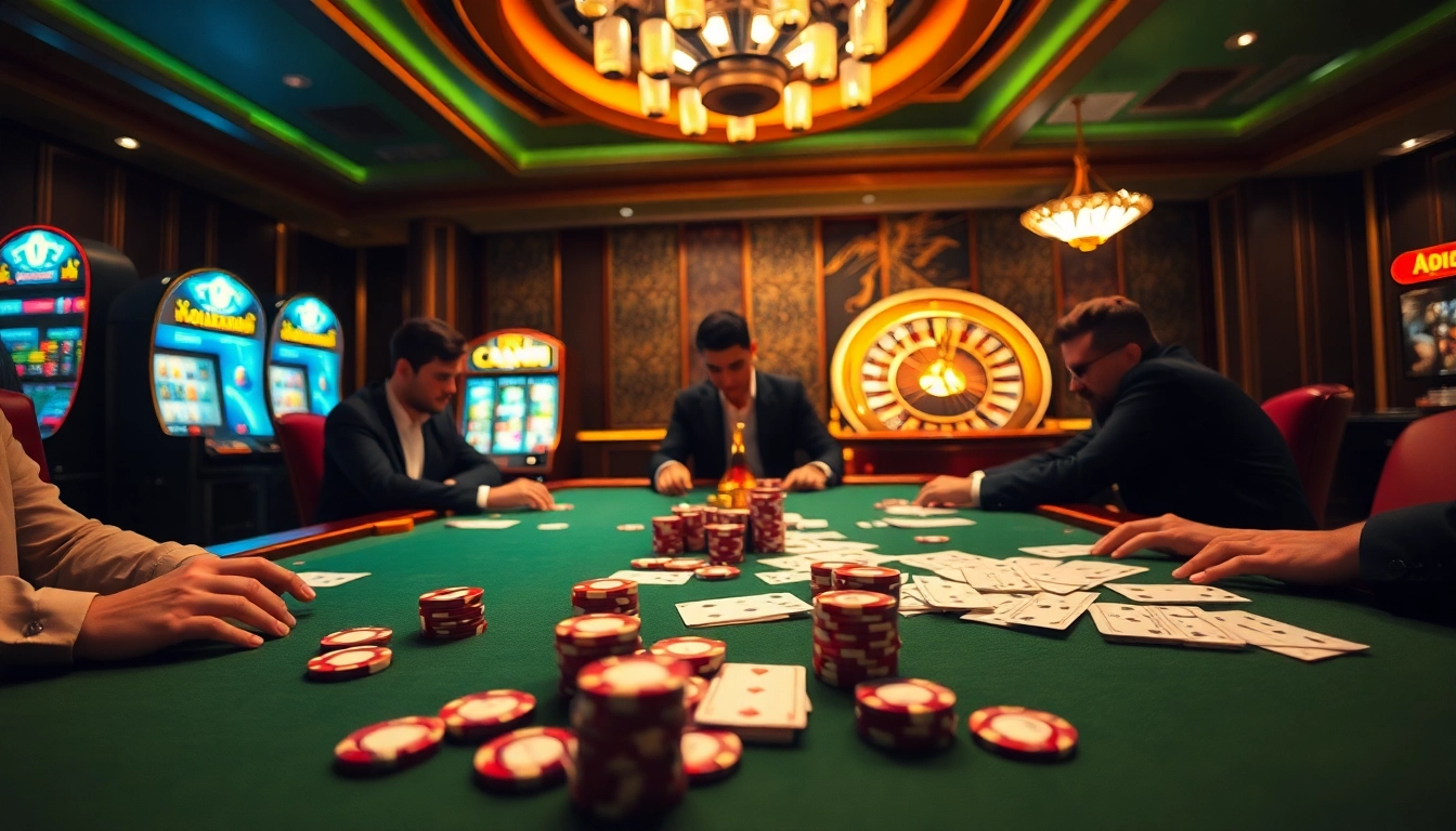 The excitement of high-stakes gambling at https://kuwinblog.com/, featuring luxurious poker tables and vibrant slot machines.