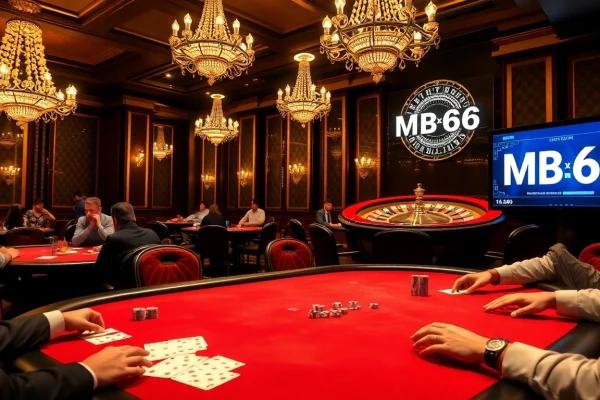 Experience the excitement of MB66 casino games with poker chips and a spinning roulette wheel.
