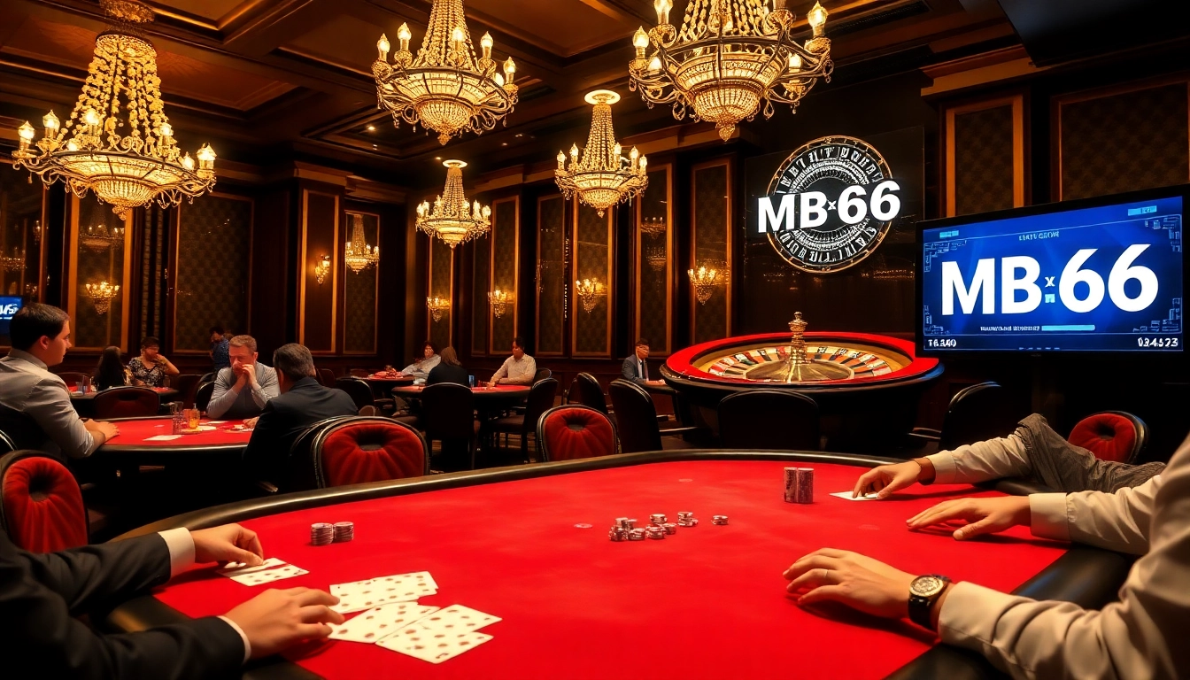 Experience the excitement of MB66 casino games with poker chips and a spinning roulette wheel.