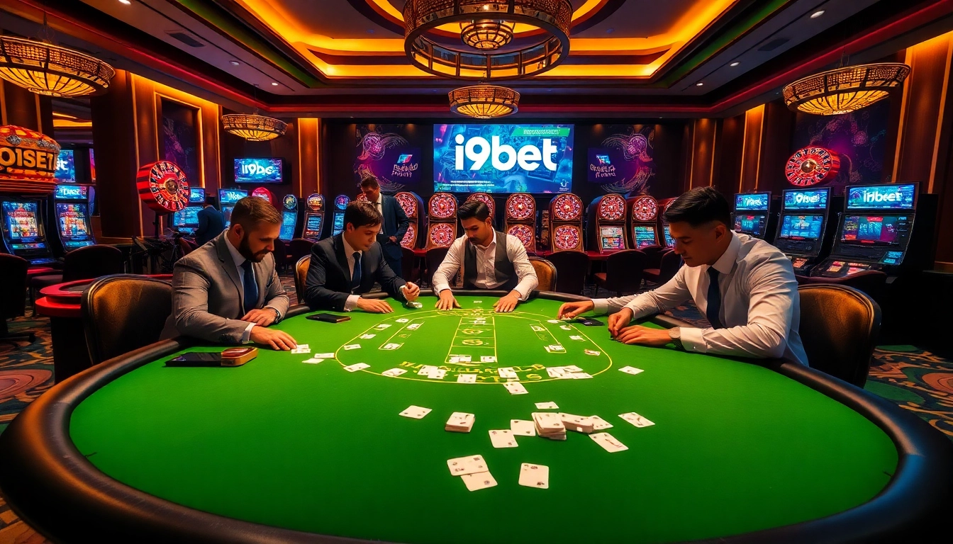 Experience the thrill of poker at i9bet casino with players and vibrant game elements.