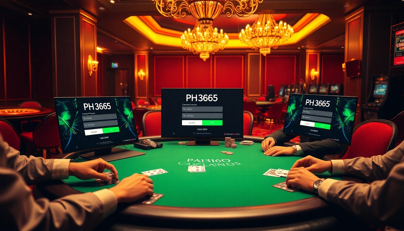 Engage with the thrilling PH365 login at a luxurious casino scene featuring poker action and vibrant games.