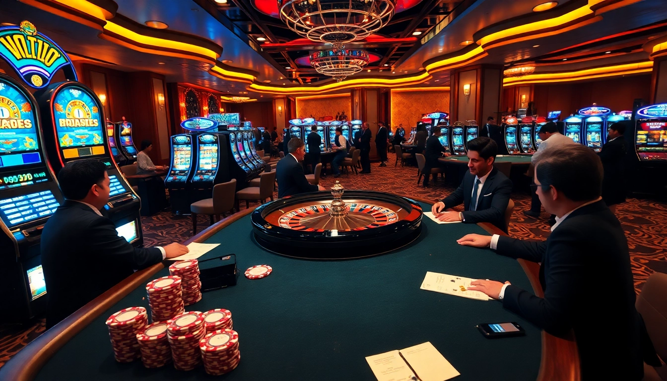 Sodocasino players betting enthusiastically at a vibrant poker table with a bustling backdrop.