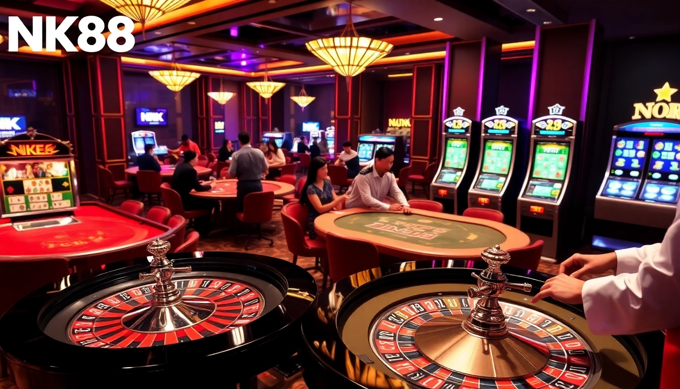 Experience winning moments at NK88's elegant casino with vibrant roulette action.