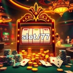 Experience the thrill of slot777 with a vibrant slot machine amidst a luxurious casino setting.