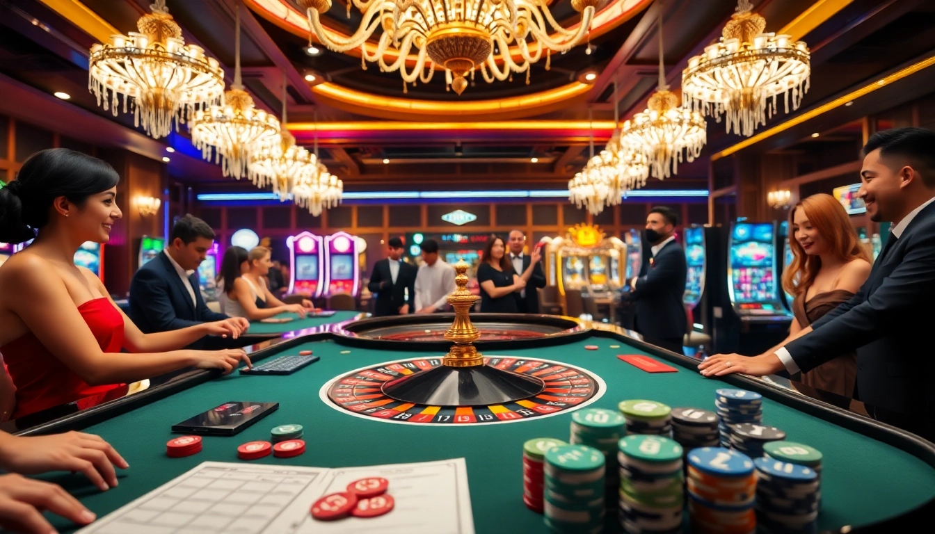 Excited gamblers placing bets at a luxurious roulette table at https://sunwin11.sh/.