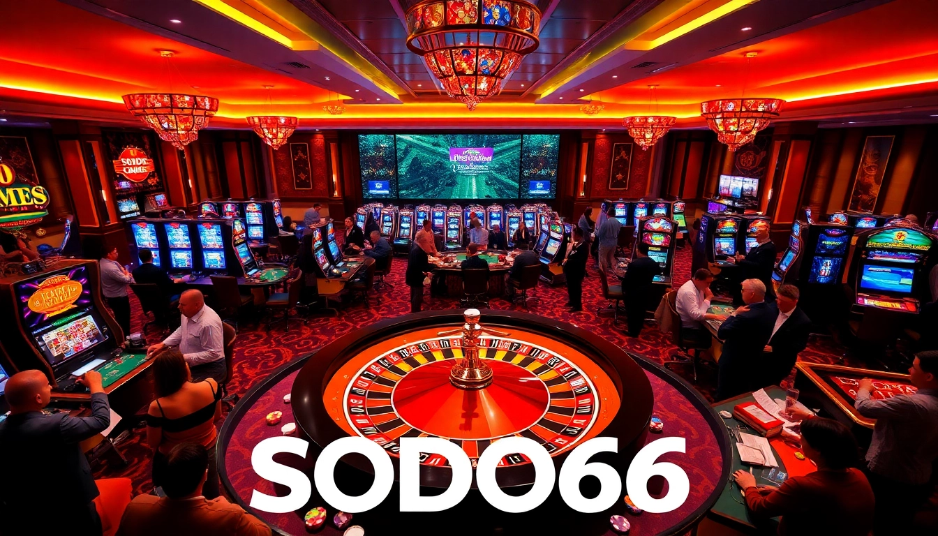 SODO66 players engaging in an exciting game at a modern casino, showcasing vibrant gambling atmosphere.