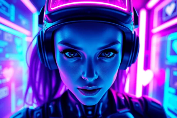 Immersive digital artwork of an enticing ai slut character in a vibrant cyberpunk setting, emphasizing allure and technology.