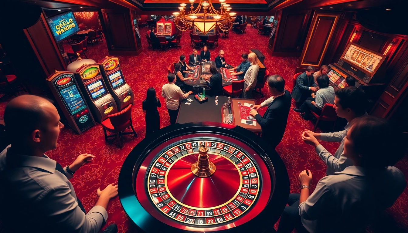 Players enjoy a thrilling game at 8DAY's luxurious casino, featuring roulette and vibrant slot machines.