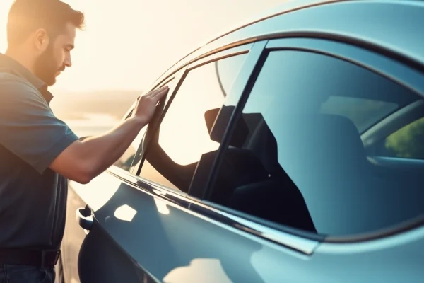 Best window tint Chattanooga TN with a technician applying high-quality film on a modern vehicle.