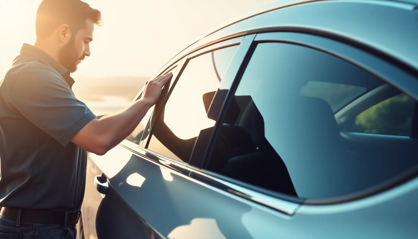 Best window tint Chattanooga TN with a technician applying high-quality film on a modern vehicle.