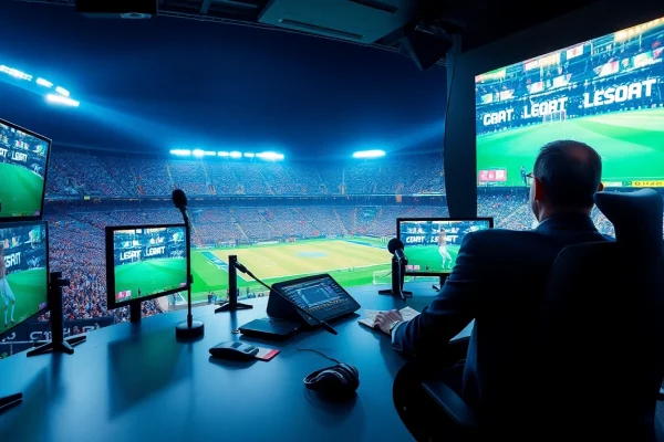 Dynamic sports broadcasting scene showcasing an announcer with multiple screens, energy-filled stadium, and professional setup.