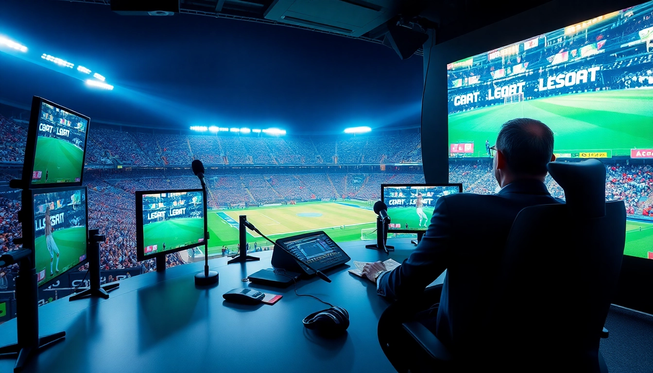 Dynamic sports broadcasting scene showcasing an announcer with multiple screens, energy-filled stadium, and professional setup.
