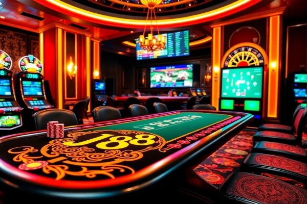 Experience thrilling j88 gambling action at a lavish casino table with vibrant decor.
