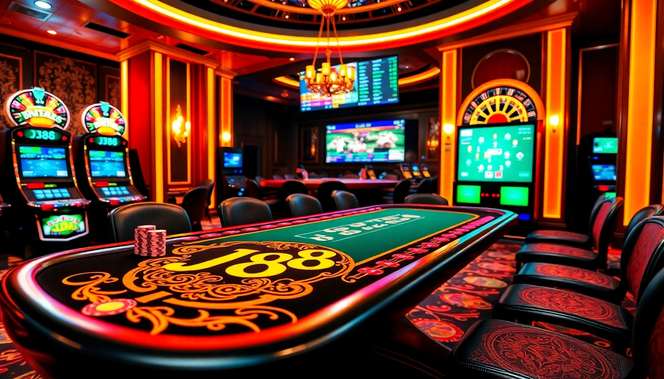 Experience thrilling j88 gambling action at a lavish casino table with vibrant decor.