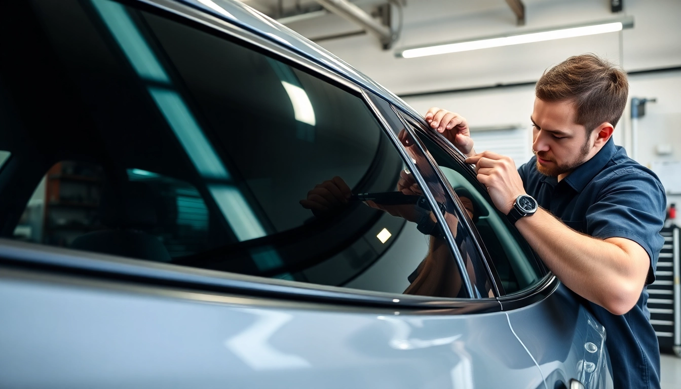 Find expert window tint near me installation as a technician applies a dark tint to a car.