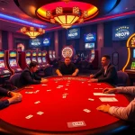 NEO79 players experiencing excitement at a vibrant casino scene featuring poker and slot machines.