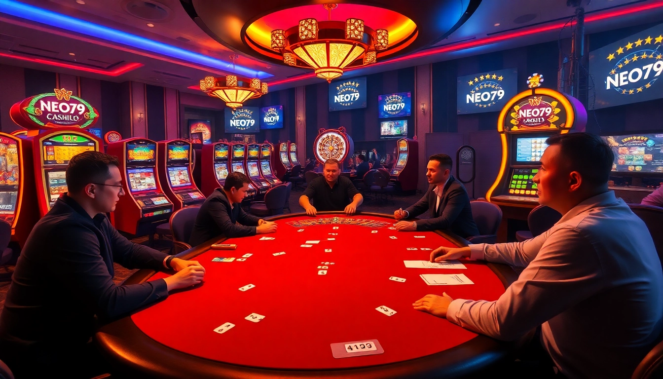 NEO79 players experiencing excitement at a vibrant casino scene featuring poker and slot machines.