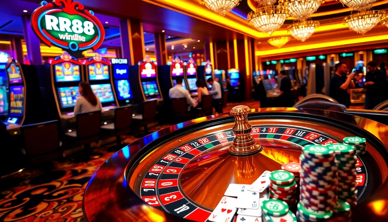 Players winning at RR88 casino featuring poker chips, cards, and engaging roulette table.