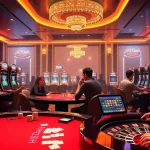 Hitclub gaming scene featuring poker tables, vibrant slot machines, and lively players in a luxury casino atmosphere.