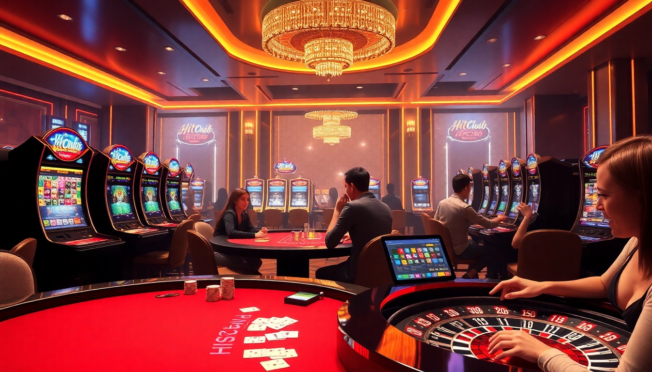 Hitclub gaming scene featuring poker tables, vibrant slot machines, and lively players in a luxury casino atmosphere.