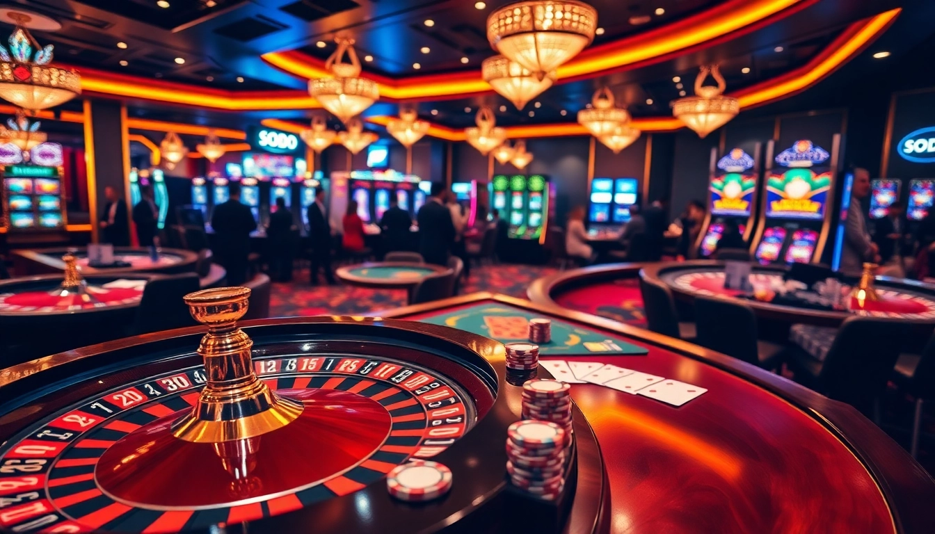 SODO66 casino scene showcasing poker chips and roulette wheel with a vibrant ambiance