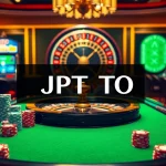 Rasakan pengalaman permainan mendebarkan di JPTOTO, menampilkan suasana kasino yang hidup dengan chip poker dan roda roulette.