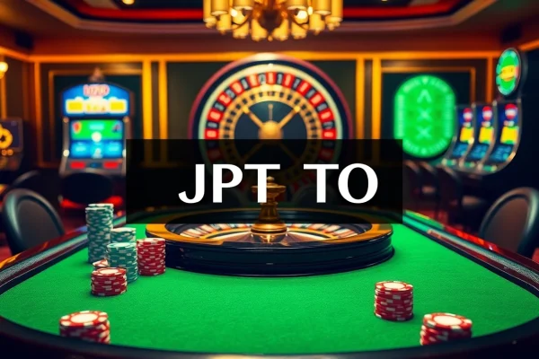 Rasakan pengalaman permainan mendebarkan di JPTOTO, menampilkan suasana kasino yang hidup dengan chip poker dan roda roulette.