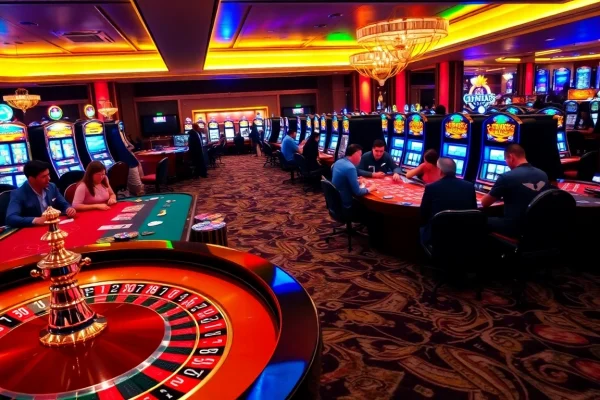 Experience the excitement of dn88 casino with players at the roulette table and flashing slot machines.