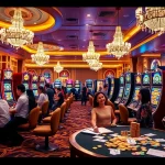 Pemain yang antusias berinteraksi dengan mesin permainan slot88 di dalam kasino mewah