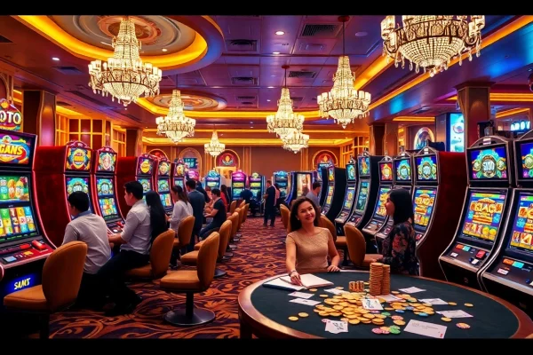 Pemain yang antusias berinteraksi dengan mesin permainan slot88 di dalam kasino mewah