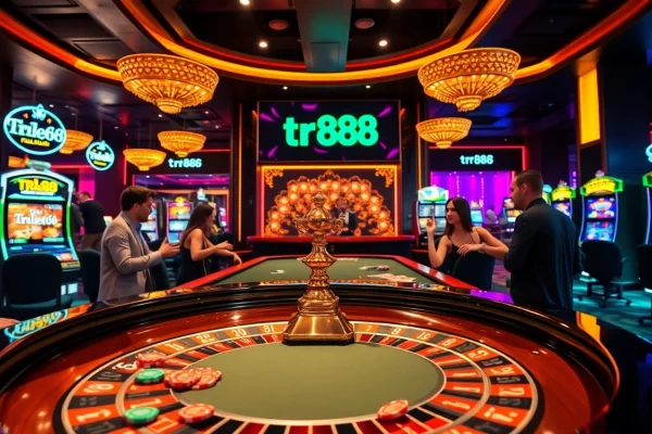 Action packed casino scene highlighting the excitement of games, showcasing the tr88 link and vibrant atmosphere.