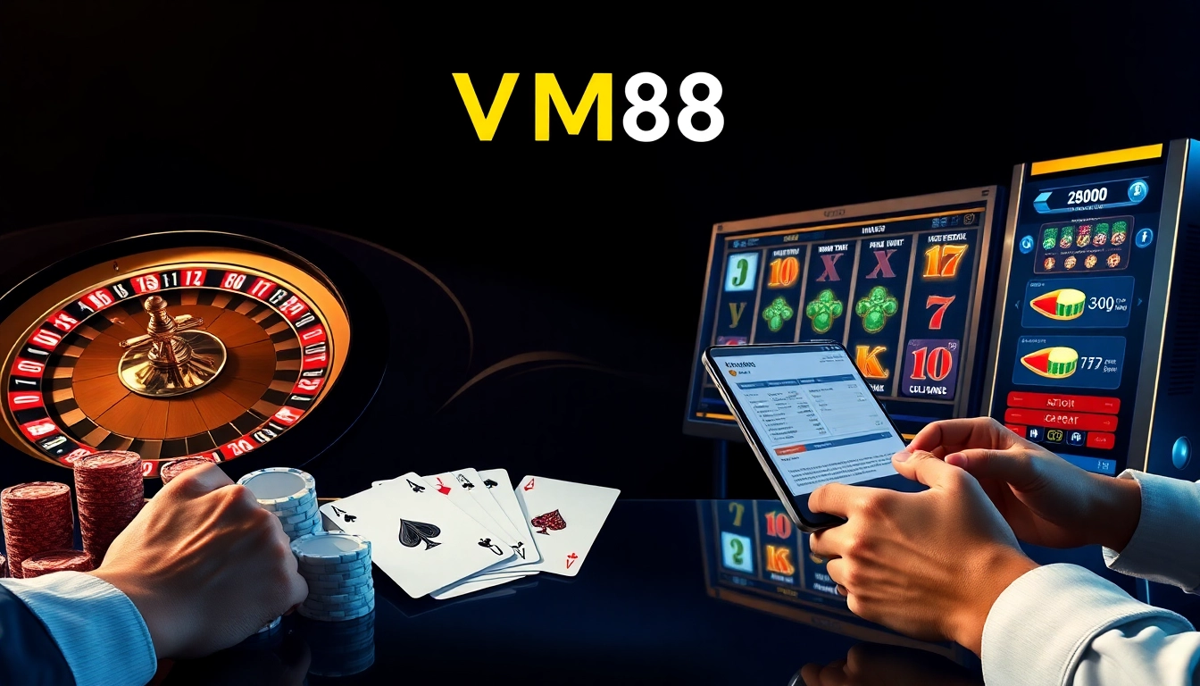 Engaging VM88 digital casino scene showcasing professional betting interface with live roulette and poker chips