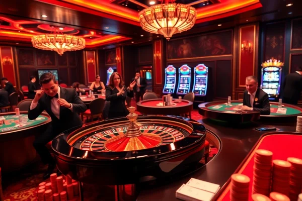 Dynamic casino scene highlighting Nhà cái uy tín with engaged gamblers at roulette and poker tables.