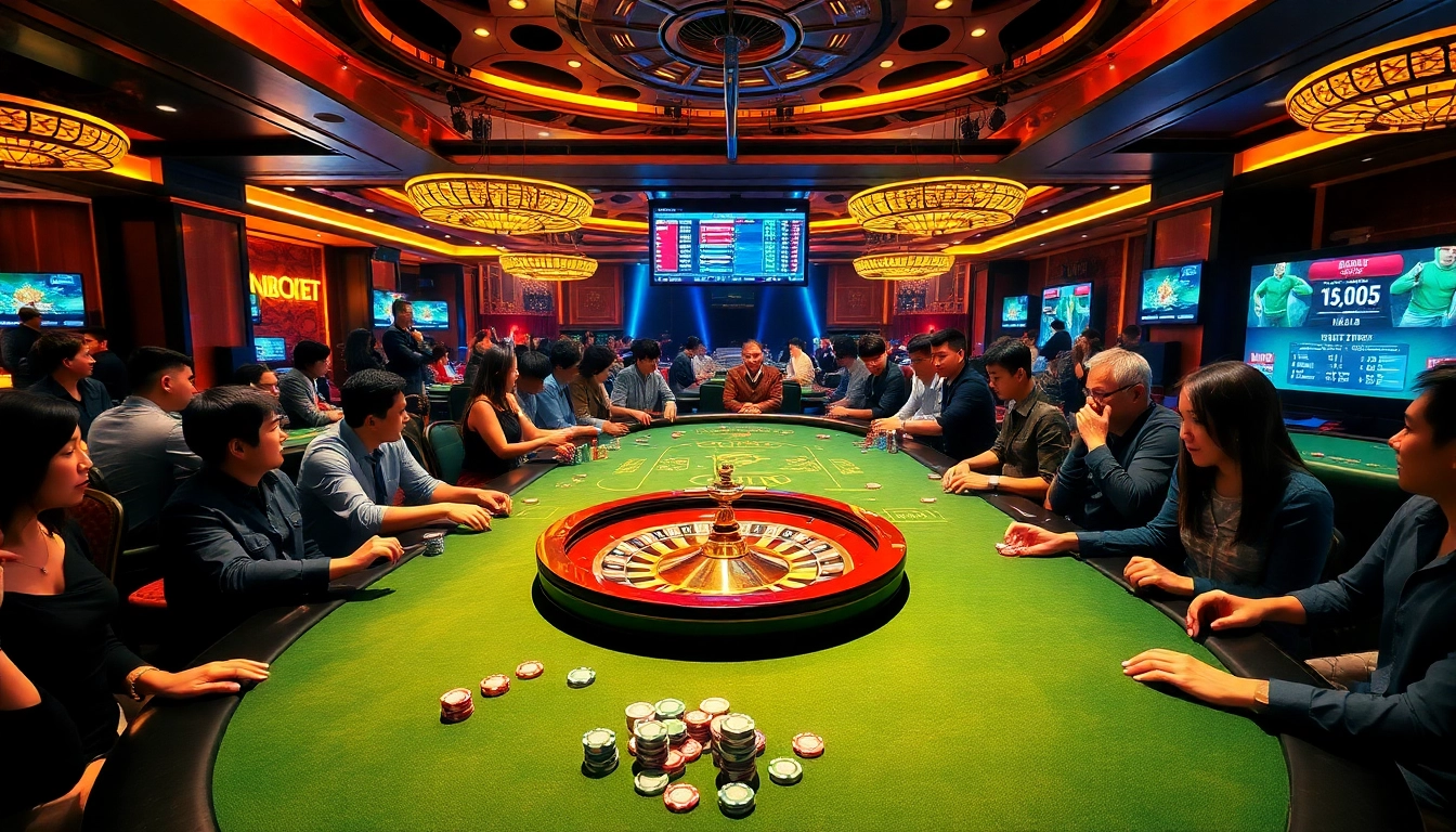 Exciting gambling action at Nhà cái Luckywin featuring poker tables and roulette.