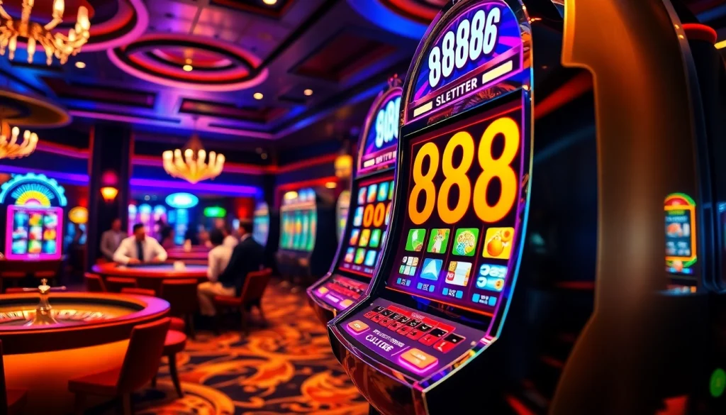 Players enjoying the excitement at slot 888 while engaging with vibrant casino machines and tables.