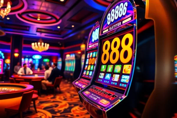 Players enjoying the excitement at slot 888 while engaging with vibrant casino machines and tables.