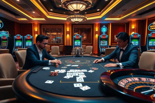 Engaged players enjoying an exciting game at the Trang chủ Luck8 online casino with poker chips and cards.