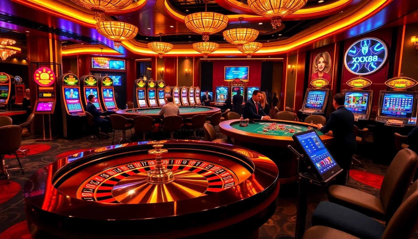 Players enjoying the excitement of XX88 casino games with vibrant roulette tables and poker hands.