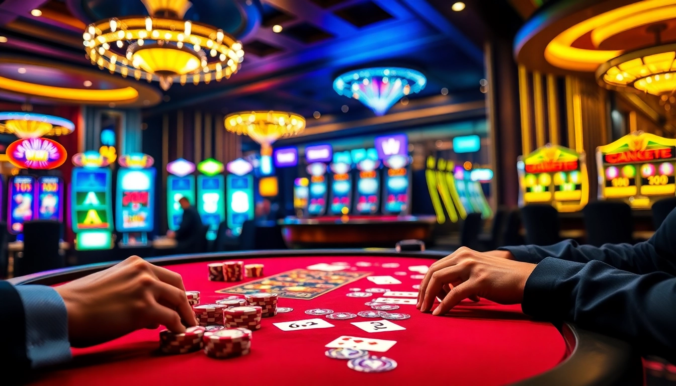 Players engage in a thrilling poker game at sa88's luxurious casino, surrounded by vibrant slot machines and roulette tables.