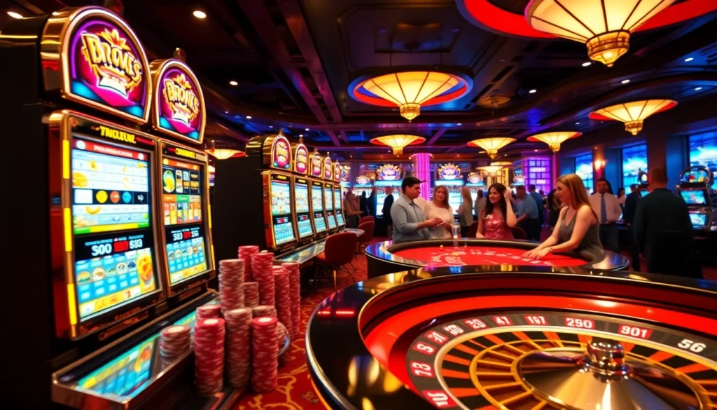 Experience the thrill of the bro138 slot with vibrant casino visuals featuring excited players and colorful machines.