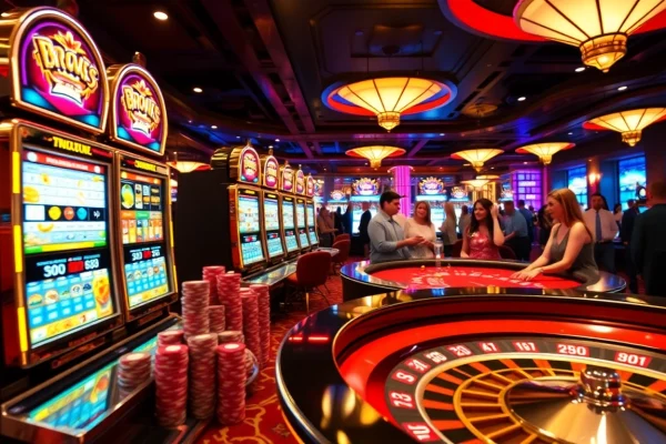 Experience the thrill of the bro138 slot with vibrant casino visuals featuring excited players and colorful machines.