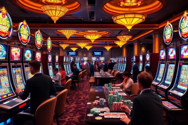 Pemain yang terlibat memutar mesin slot88 di suasana kasino mewah dengan cahaya yang cerah.