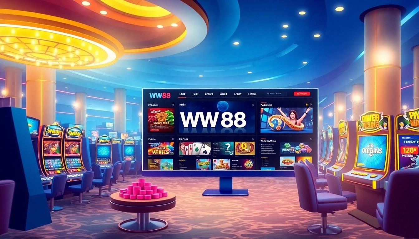 An engaging view of the WW88 online gambling platform highlighting assorted games and a luxurious casino ambiance.