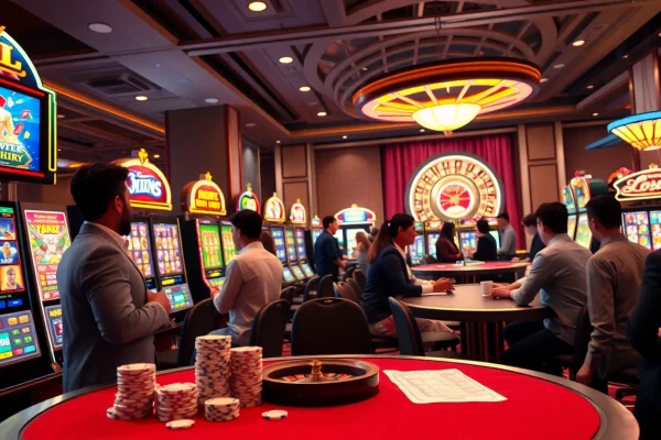 Players enjoying the slot gacor gaming experience in a vibrant, luxurious casino atmosphere.