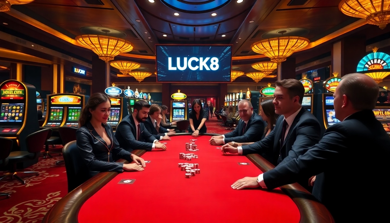 Players enjoying high-stakes poker and gambling at LUCK8's luxurious casino experience.